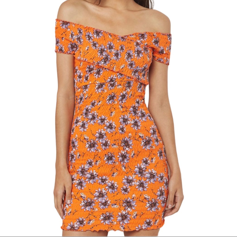 Floral Print Shirred Bardot Dress
